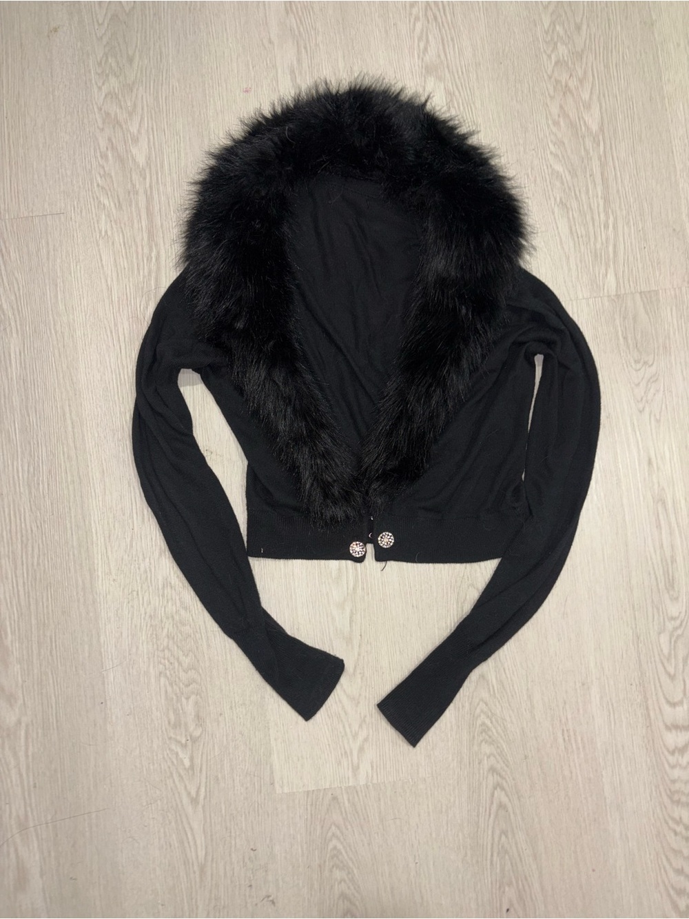 Black Faux Fur-Trim Women's Cardigan